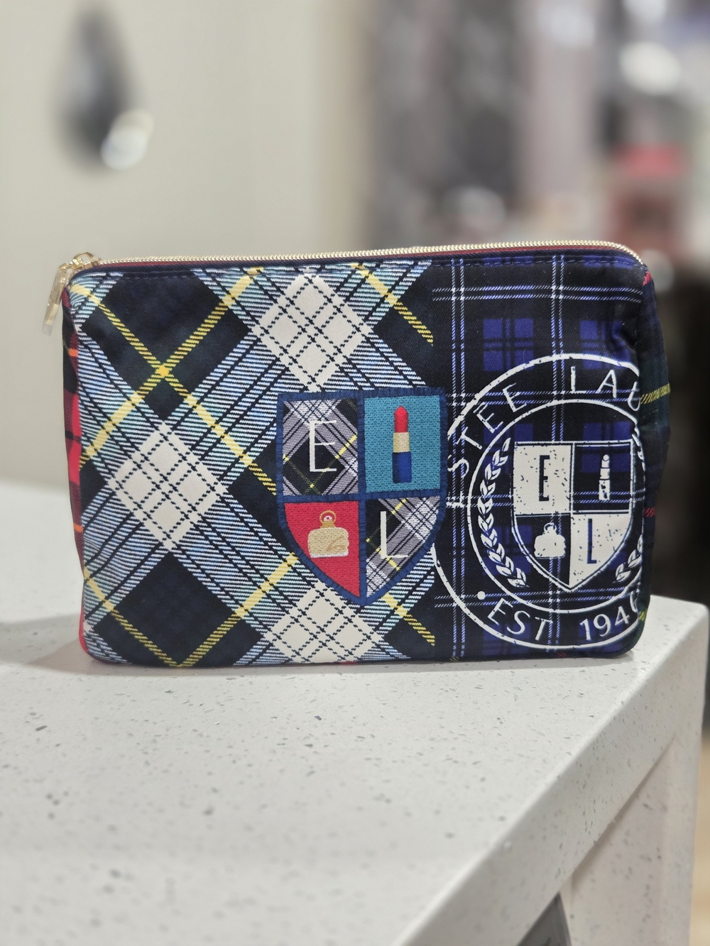 Estee Lauder Plaid Zip Pouch Travel Cosmetic Bag - New